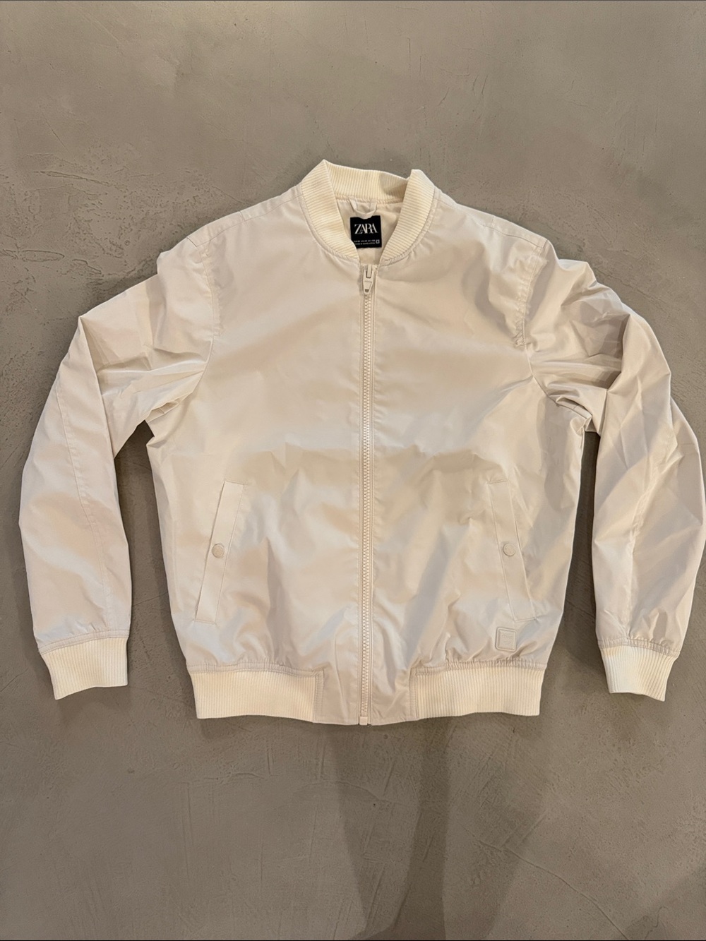 Zara White Men's Bomber Jacket with Ribbed Trim